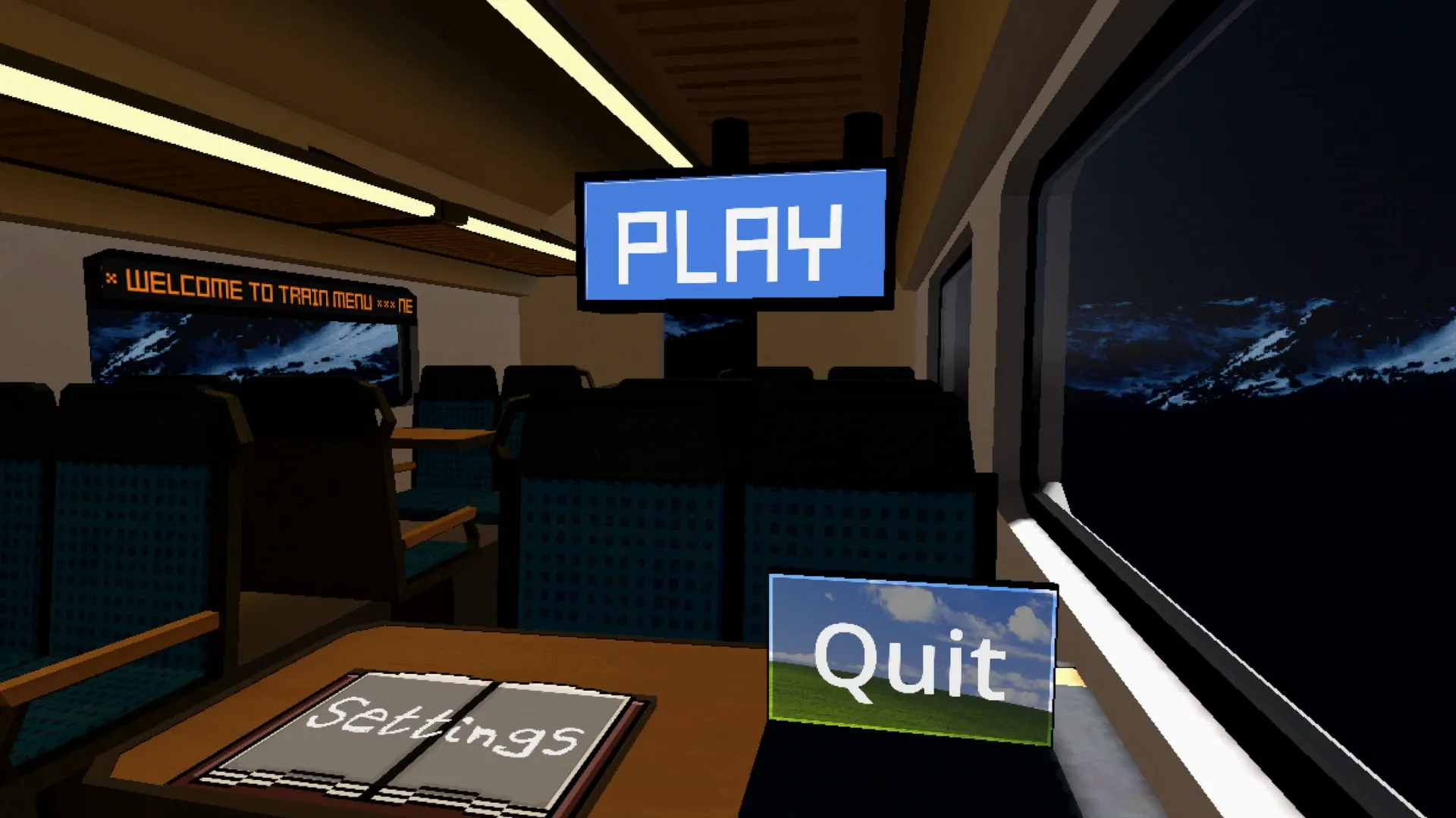 The inside of a Train by Night. It is pixelized and in an 80s videogame aesthetic.