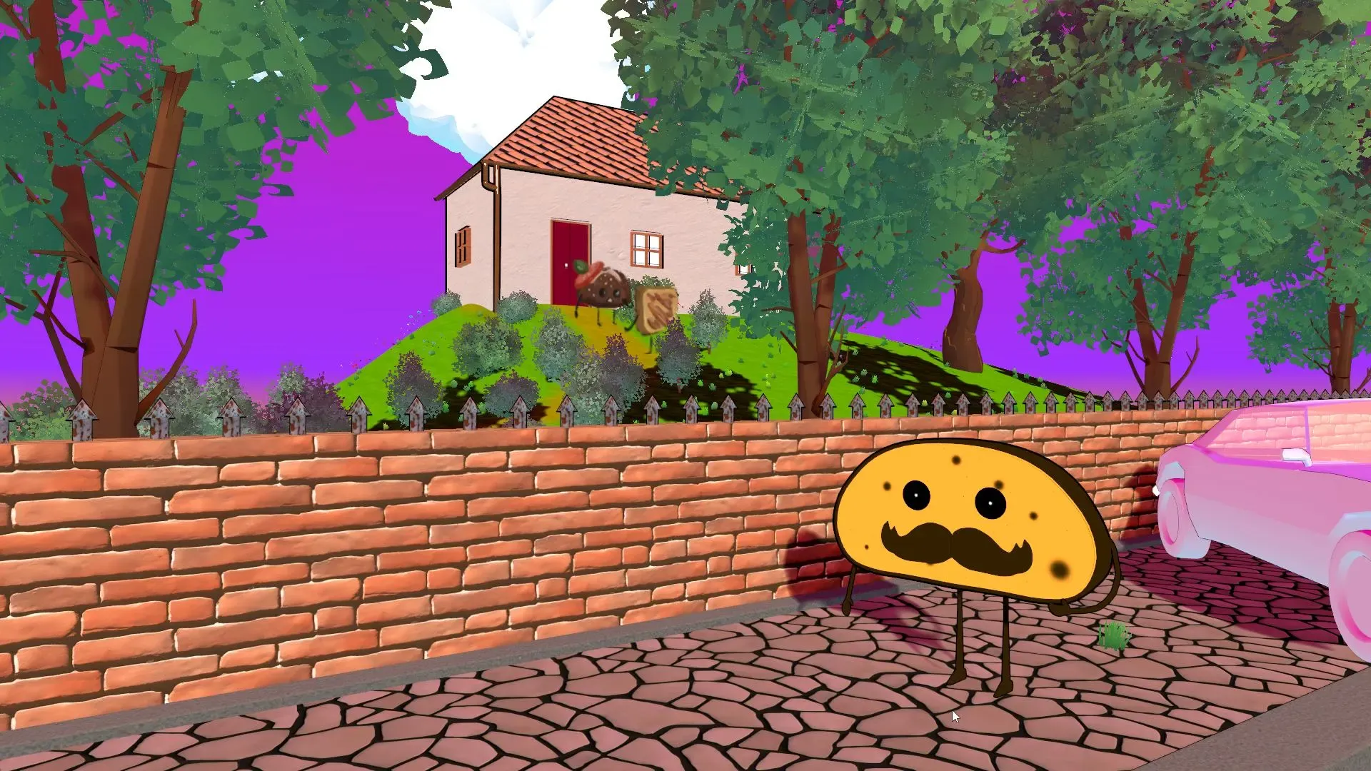 A bread with arms and legs standing in front of a wall. Beyond the wall is a villa on a hill where two other breads are talking to each other.