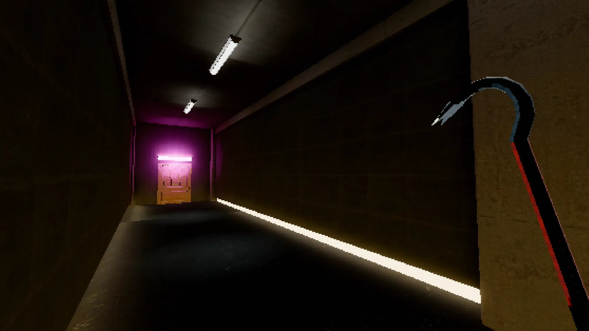 A empty hallway with concrete walls and neon lights. At the end of it is a purple neon light above a wooden door. The Viewer is holding a crowbar in their right hand.