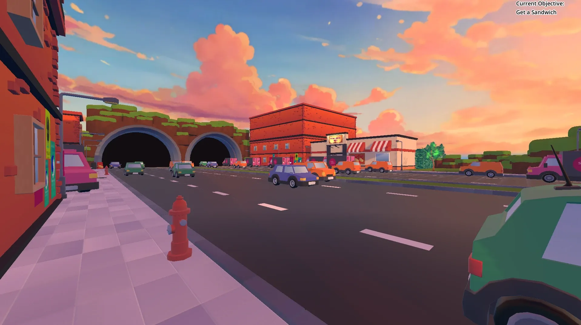 A busy 7 lane road with green stripe in the middle. The Camera is on regular head height and is looking diagonally across the road. At the end of the road are two big tunnel portals and on the other side of the road is a sandwich-shop.