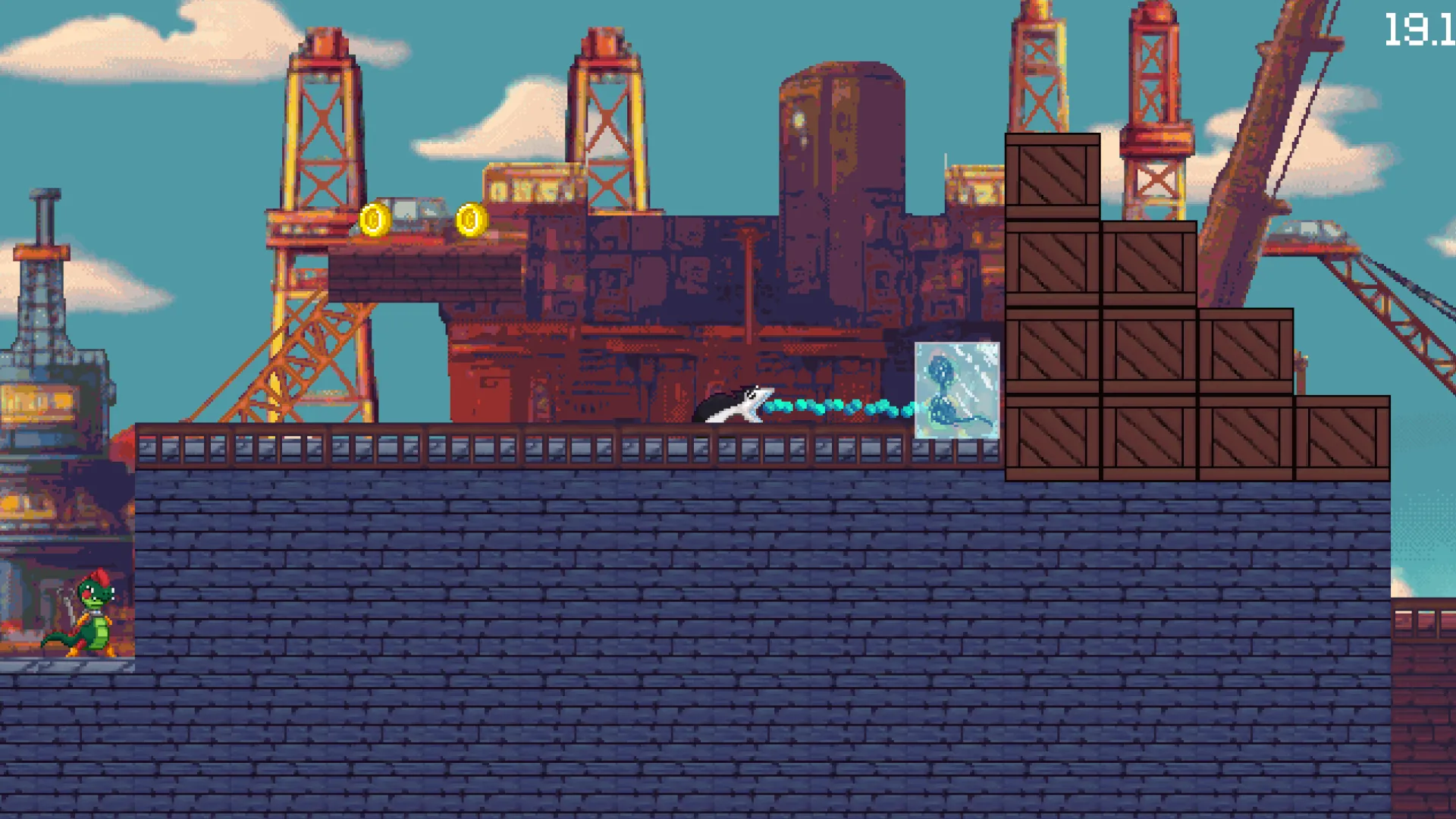 A penguin freezing a lizard with an ice-beam on a oil platform.