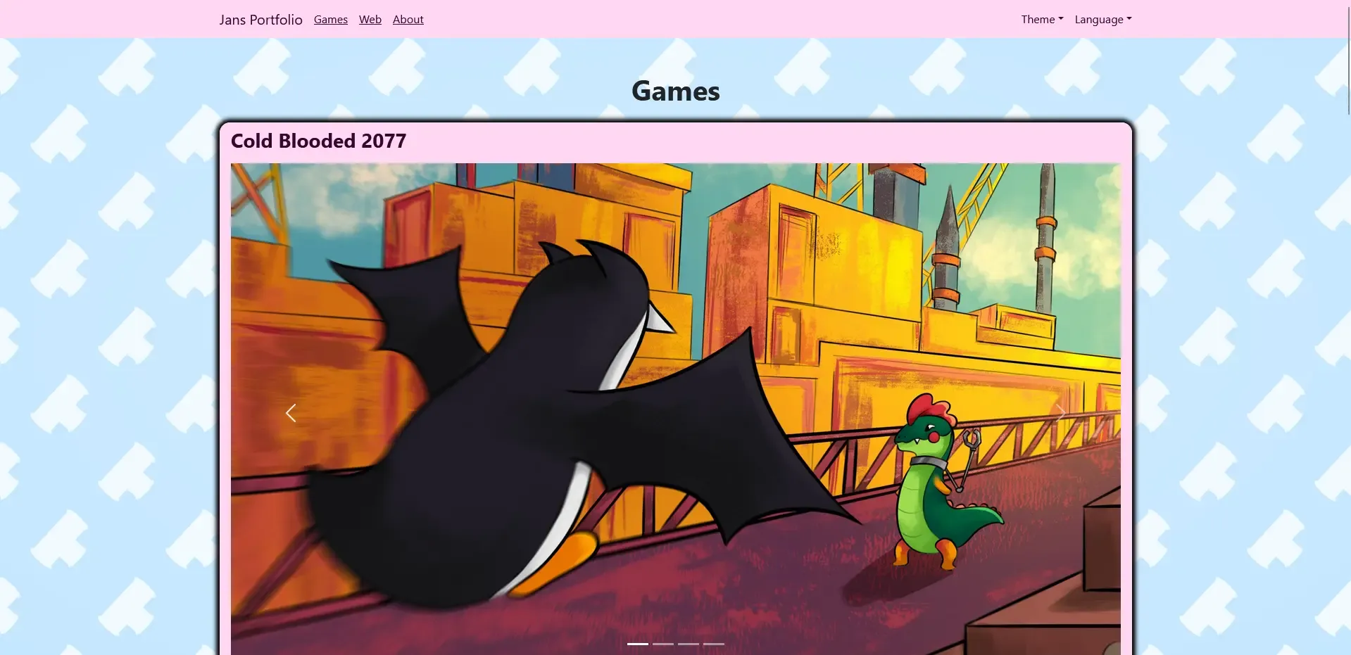 A website with a navbar and a big picture of a game.