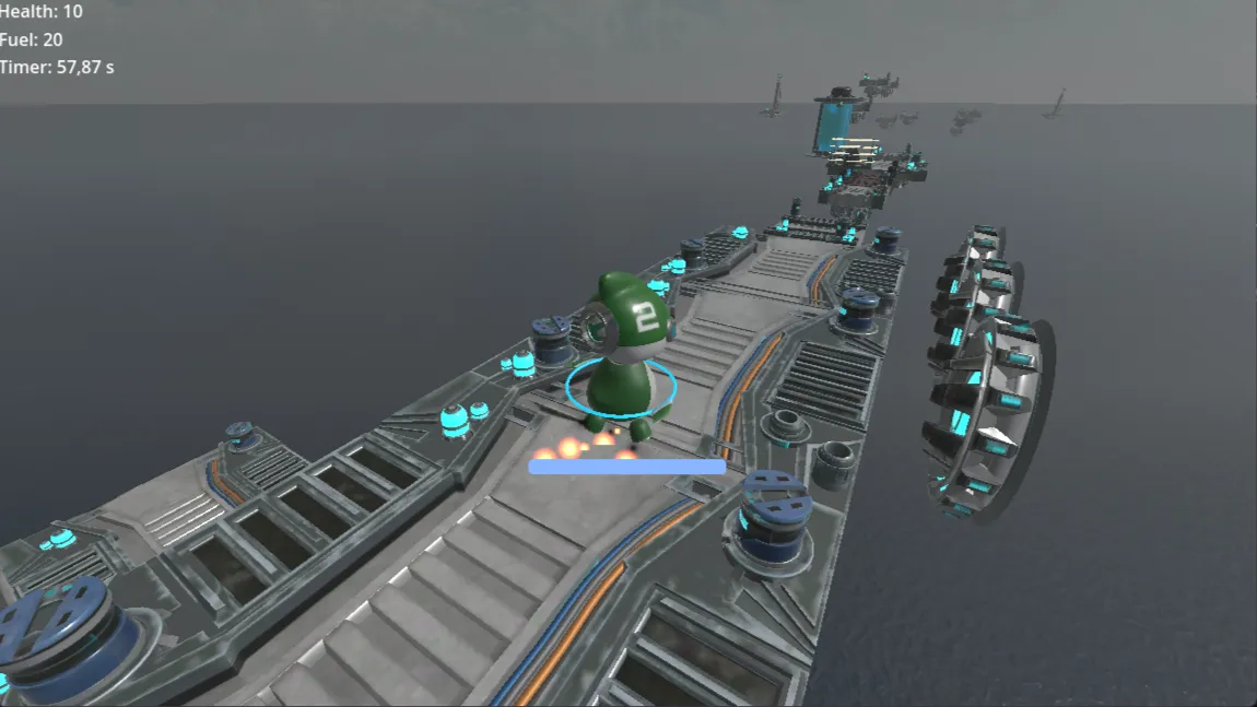 A robot standing in front of a hovering platform with fans blowing next to it.