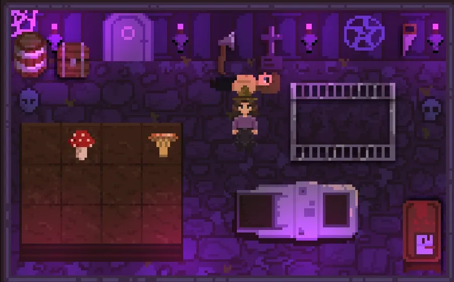 A top down view of a pixel art dark basement with purple lighting. A witch is carrying a dead body on her head, next to her is a field with mushrooms planted inside.