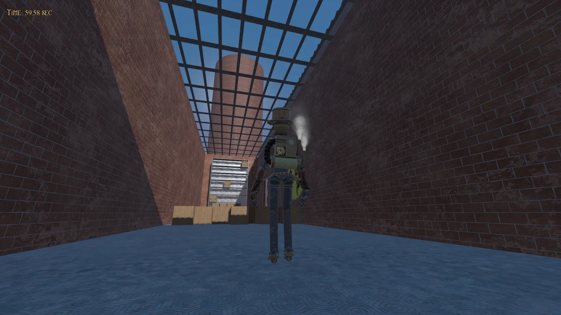 A robot standing in front of a huge tower.