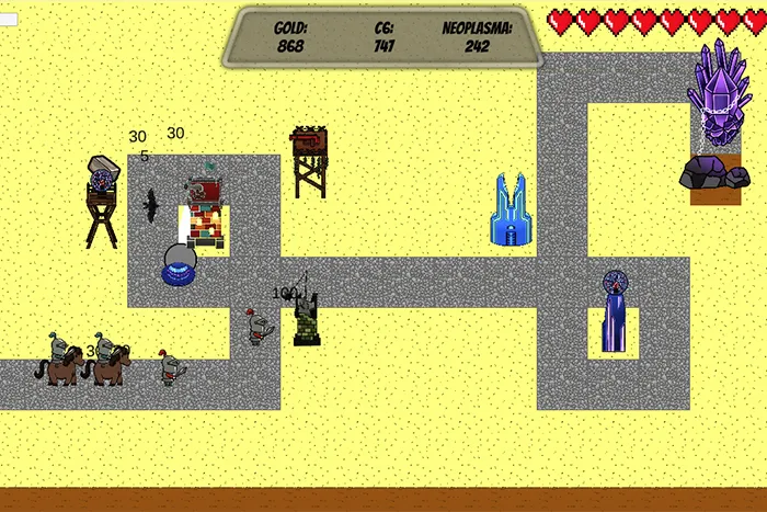 A bunch of creatures walking along a path while being attacked by towers. There are knights, bats and a UFO.